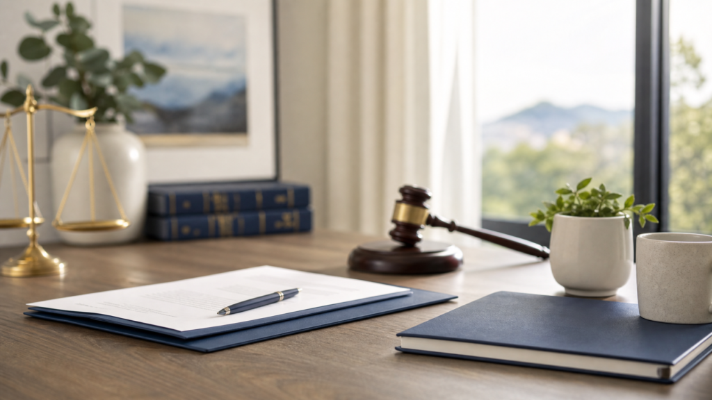 A professional law office desk with legal documents and a gavel, representing no-fault divorce guidance in Virginia